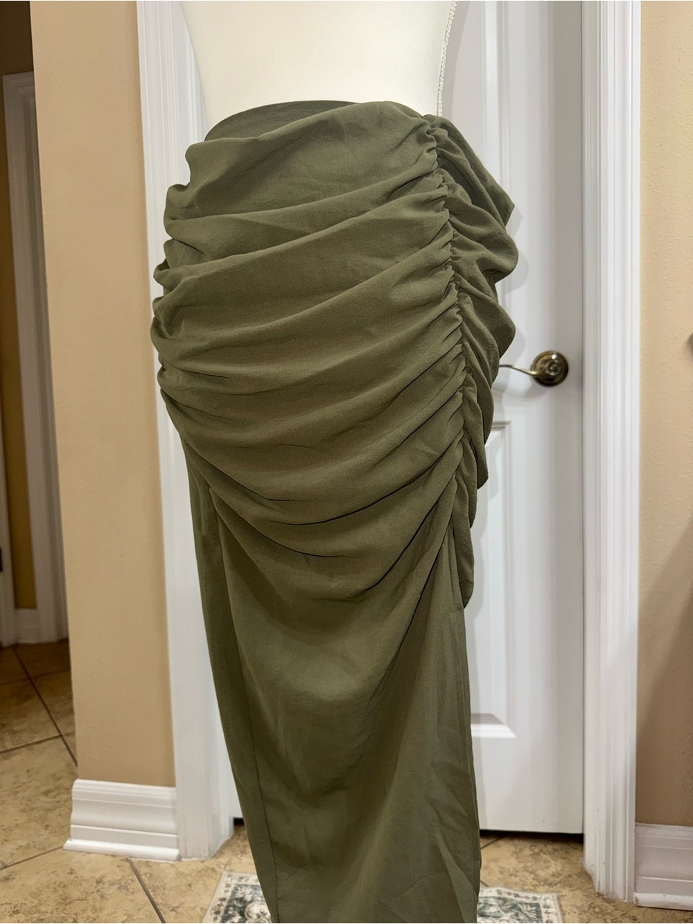 Zara Olive Green Ruched Midi Skirt